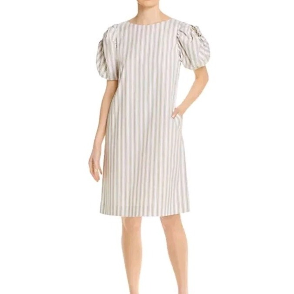 Lafayette 148 Hattie Puff Sleeve Dress Sz XS Taupe Striped Knee Length Pockets